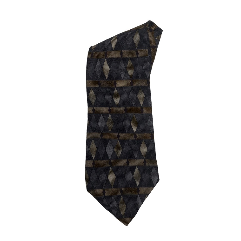 Kenneth Cole Reaction Gray Gold Diamond Print Silk Tie